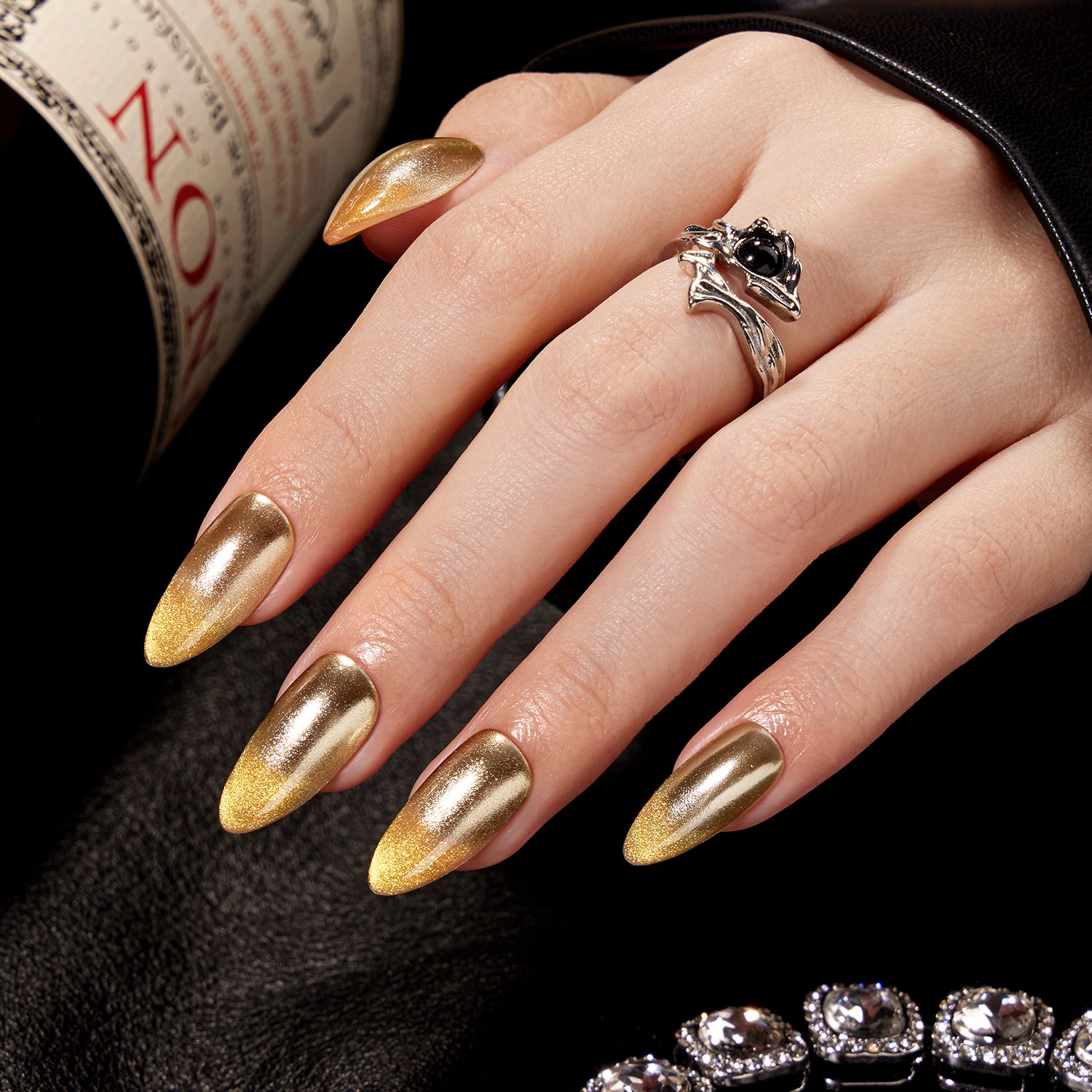 Ra Gold – Nourishment Gold Metallic Cat-Eye Medium Almond Press On Nails –  Vsalon