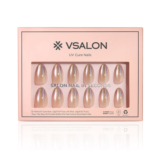 VSALON UV Cure Nails Autumn Gold Cat Eye Short Almond Press On Nails - easy to apply, salon-quality, lasts 25+ days.