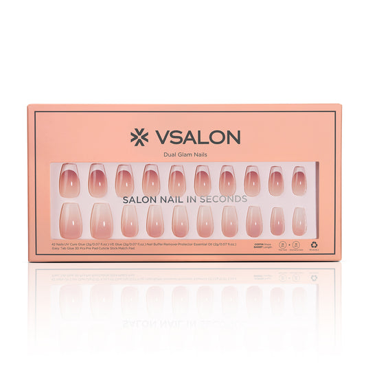 VSALON Dual Glam Nails Belle De Jour French Tips Short Coffin Press On Nails - Front view of VSALON press on nails box showing style and nail set details