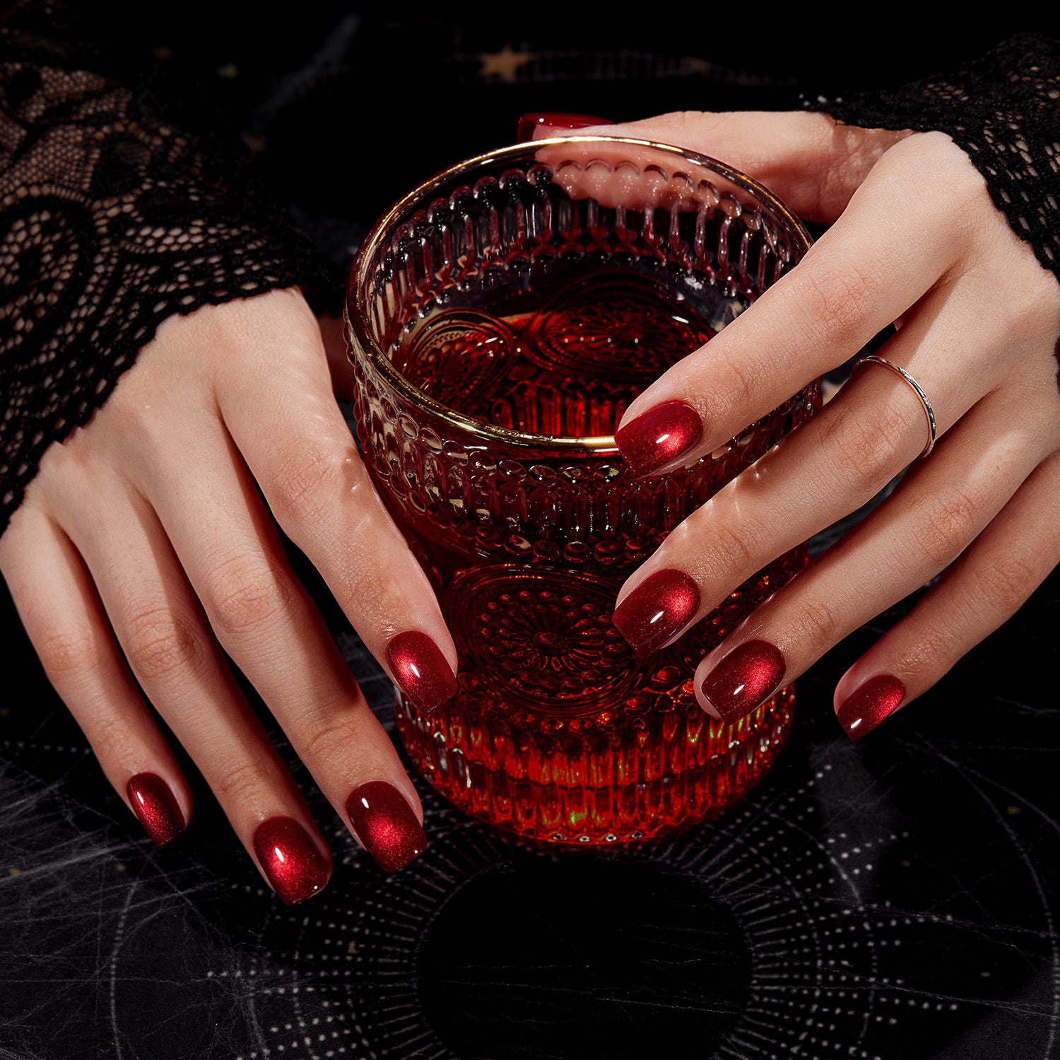 VSALON Nourishment Cider Red Cat Eye Short Square Press On Nails - styled for a holiday party look.