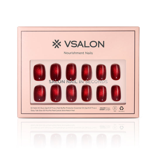 VSALON Nourishment Cider Red Cat Eye Short Square Press On Nails - easy to apply, salon-quality, lasts 25+ days.