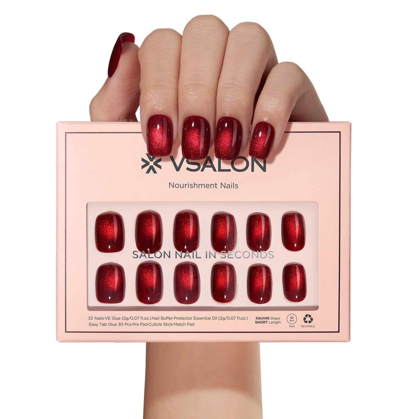 VSALON Nourishment Cider Red Cat Eye Short Square Press On Nails - elegant look worn on hands