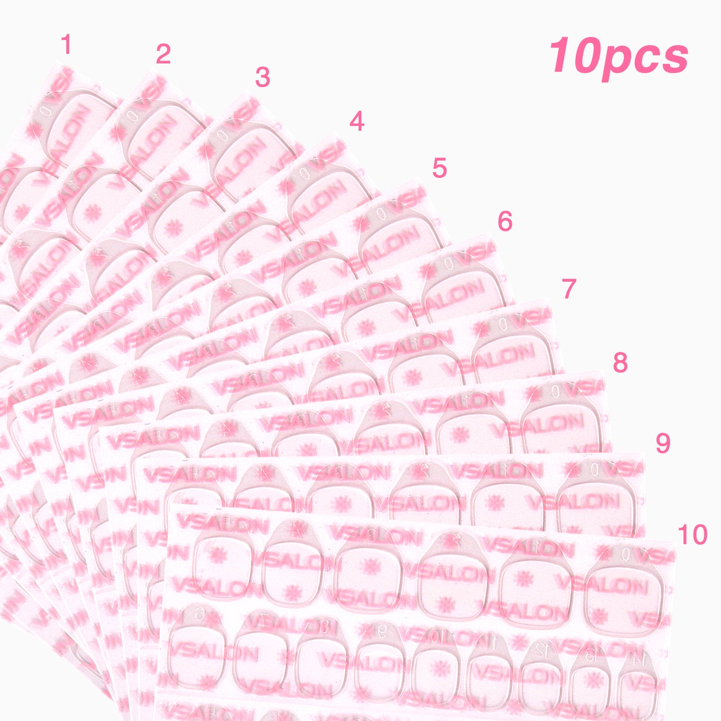 Close-up of VSALON jelly glue tabs for applying press on nails – reusable adhesive sheets