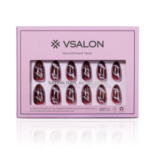 VSALON Nourishment Nails “Mocha Marble”Marble Short Almond Press On Nails – easy to apply, salon-quality, lasts 25+ days.