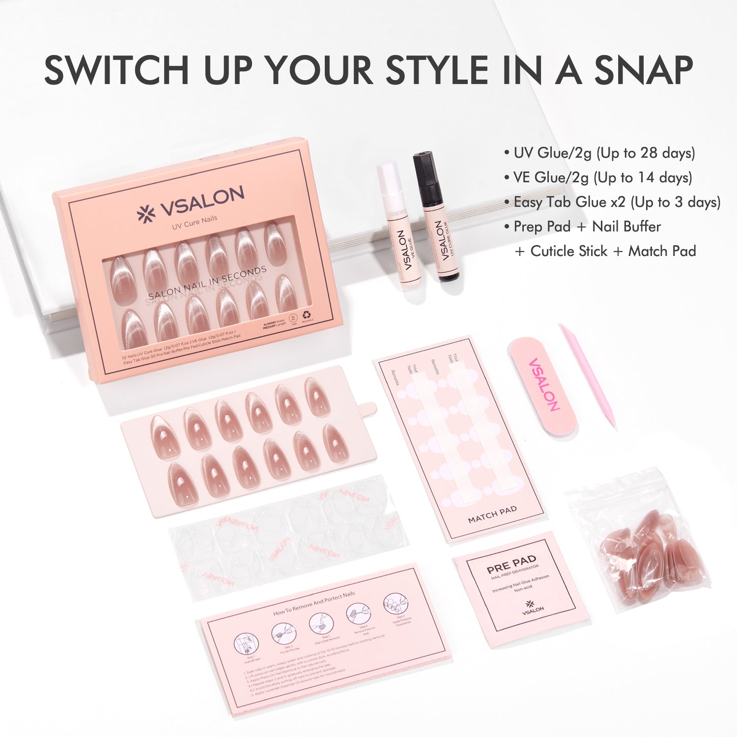 VSALON UV Cure Nails Sourire pink Cat Eye Short Almond Press On Nails - durable, easy to apply at home.