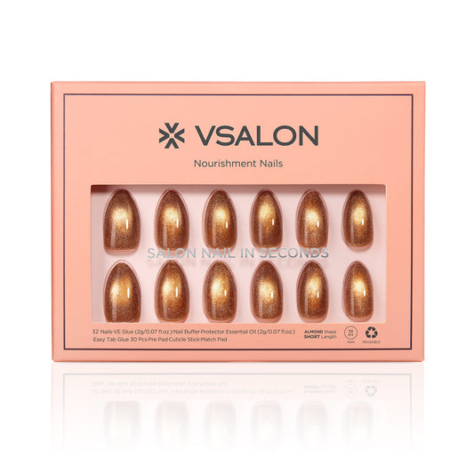 VSALON Nourishment Nails “Truffle Halo”Gold Short Almond Press On Nails – easy to apply, salon-quality, lasts 25+ days