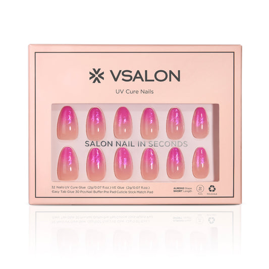 VSALON UV Cure Nails Unicorn Petal Gradient Flamingo Foil Pink Short Almond Press On Nails - Front view of VSALON press on nails box showing style and nail set details