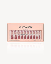 VSALON Potion UV gel press-on nails featuring dual design almond nails with glossy berry red, nude pink base, and iridescent glitter French tip accents in a nail set box