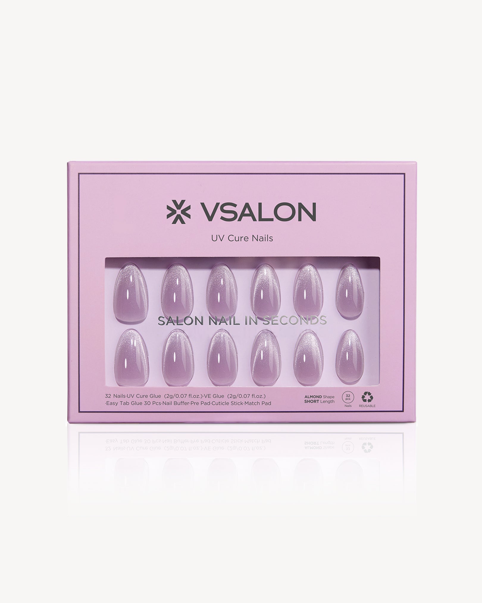 VSALON UV Cure Nails Mist Lilac Lavender Cat Eye Short Almond Press On Nails - Front view of VSALON press on nails box showing style and nail set details