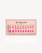 VSALON Barlow Girl dual design almond press-on nails featuring pink and peach gradient colors with floral nail art details in a gel nail set box