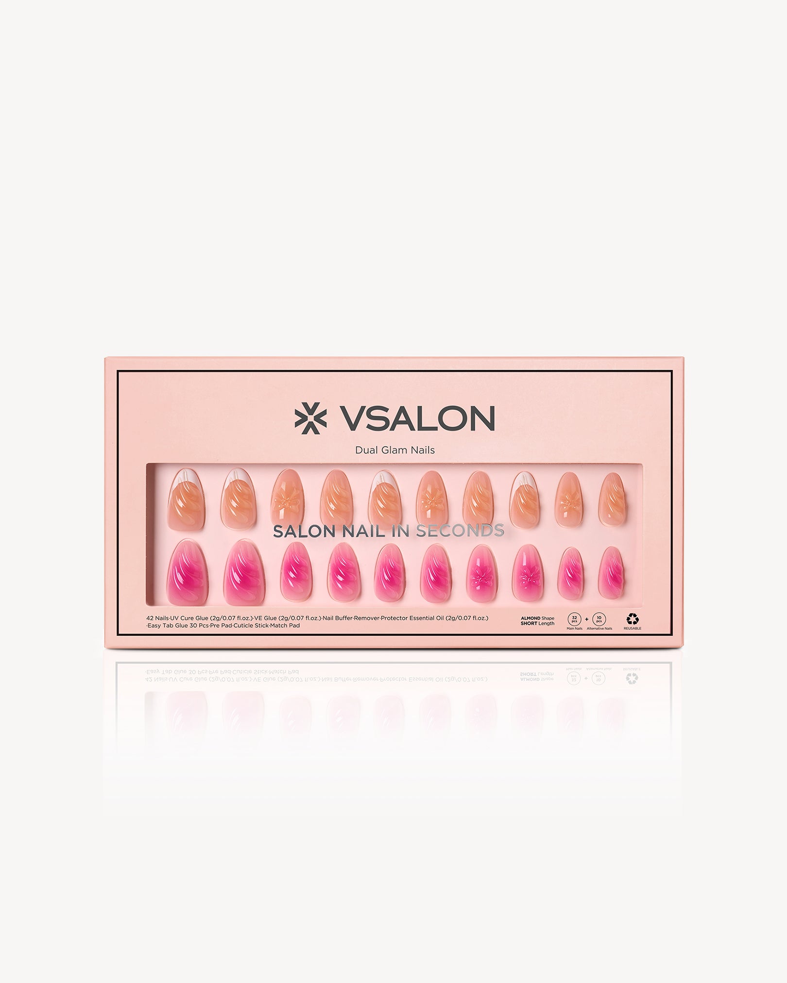 VSALON Barlow Girl dual design almond press-on nails featuring pink and peach gradient colors with floral nail art details in a gel nail set box
