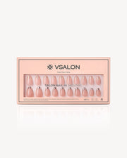 VSALON Discours dual design almond press-on nails featuring soft nude tones with elegant metallic French tips in a gel nail set box