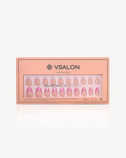 VSALON Liberty Tips UV gel press-on nails featuring nude pink base, pink glitter French tips, and iridescent chrome accents in a dual design almond nail set box