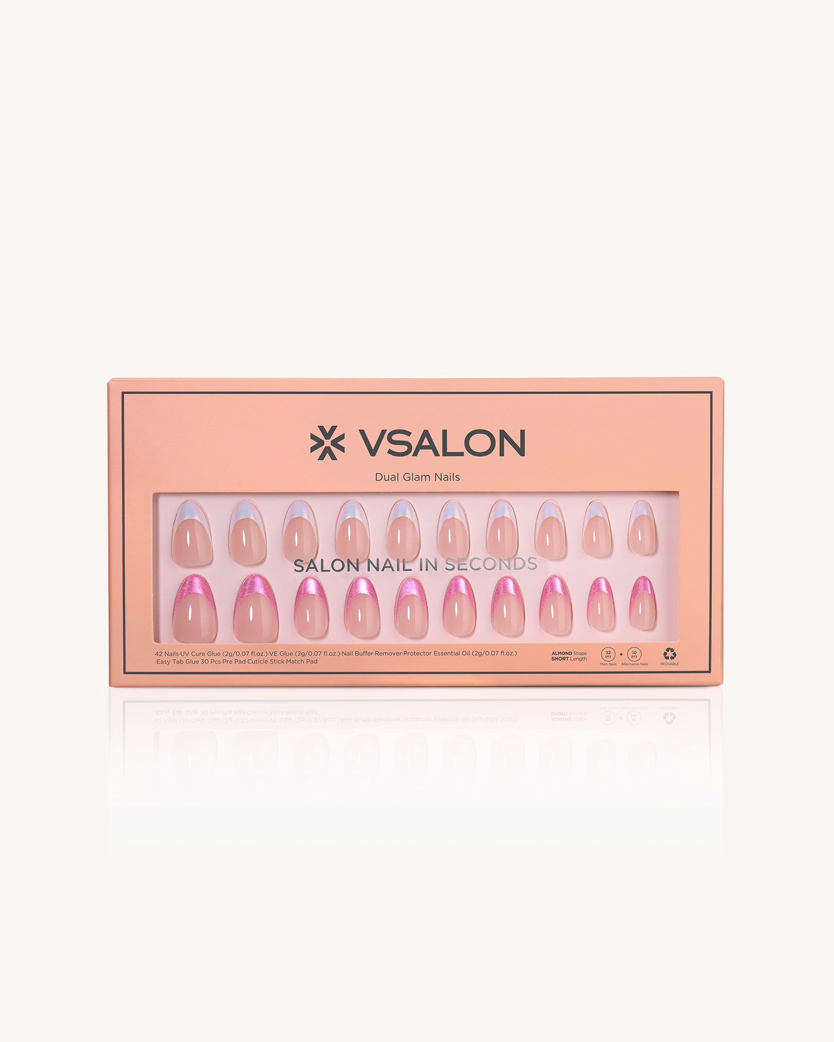 VSALON Liberty Tips UV gel press-on nails featuring nude pink base, pink glitter French tips, and iridescent chrome accents in a dual design almond nail set box