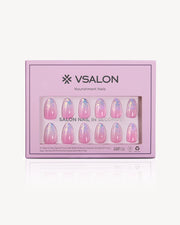 VSALON Mermaid's Shell short almond press-on nails with pink jelly base, iridescent shimmer and pearl sparkle finish