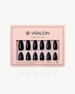 VSALON Noctis medium almond press-on nails with glossy black gel finish and elegant salon manicure look