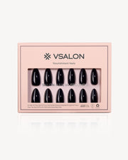 VSALON Noctis medium almond press-on nails with glossy black gel finish and elegant salon manicure look