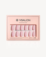 VSALON Strawberry Jam short almond press-on nails with soft pink jelly gel finish and glossy salon look