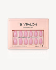 VSALON Rose Delight short almond press-on nails with soft pink shimmer gel finish and glossy salon look