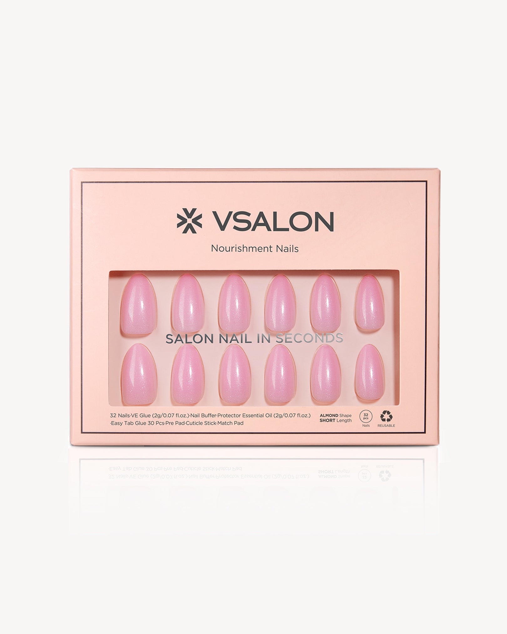 VSALON Rose Delight short almond press-on nails with soft pink shimmer gel finish and glossy salon look