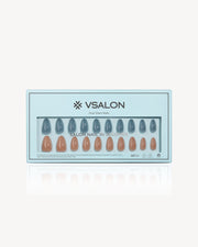 VSALON Charming Blossoms dual color press-on nails in short almond shape with gray and nude gel finish