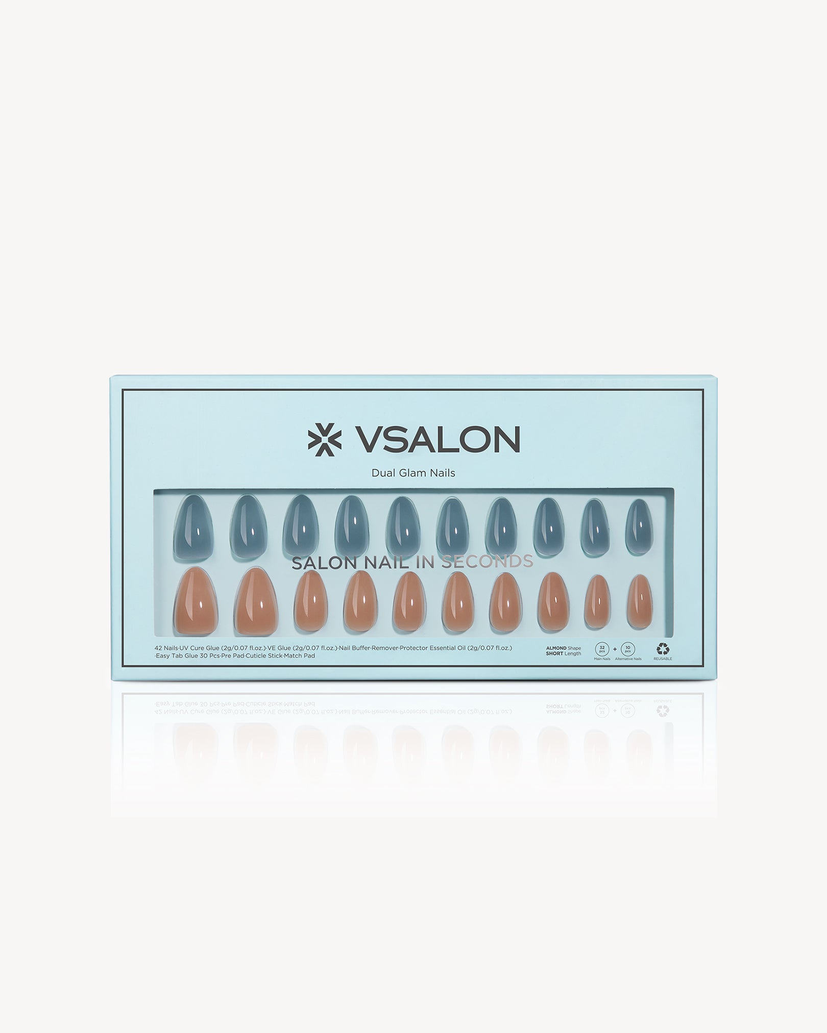 VSALON Charming Blossoms dual color press-on nails in short almond shape with gray and nude gel finish