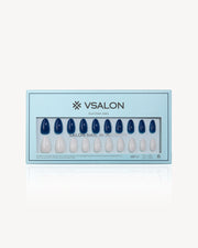 VSALON Sky Cloud dual design almond press-on nails featuring navy blue and milky white gel nails in a mixed color nail set box