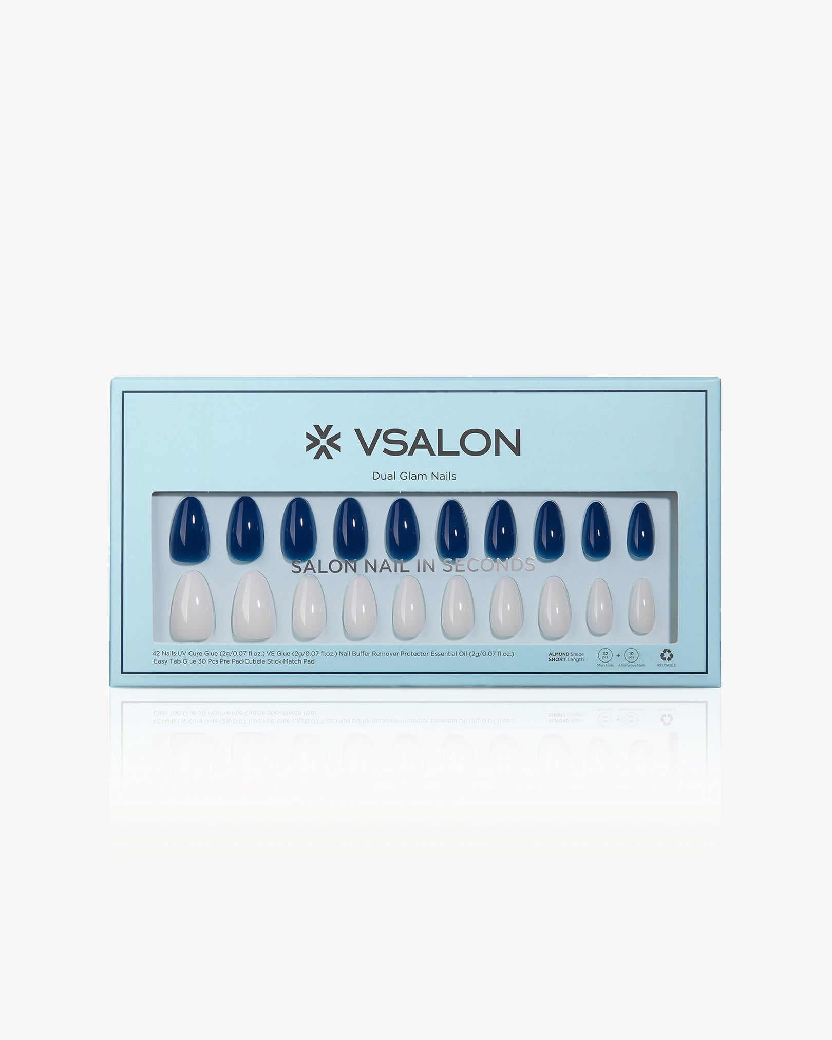 VSALON Sky Cloud dual design almond press-on nails featuring navy blue and milky white gel nails in a mixed color nail set box