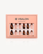 VSALON Leopard Luxe press-on nails featuring a warm brown leopard print design with subtle metallic accents.