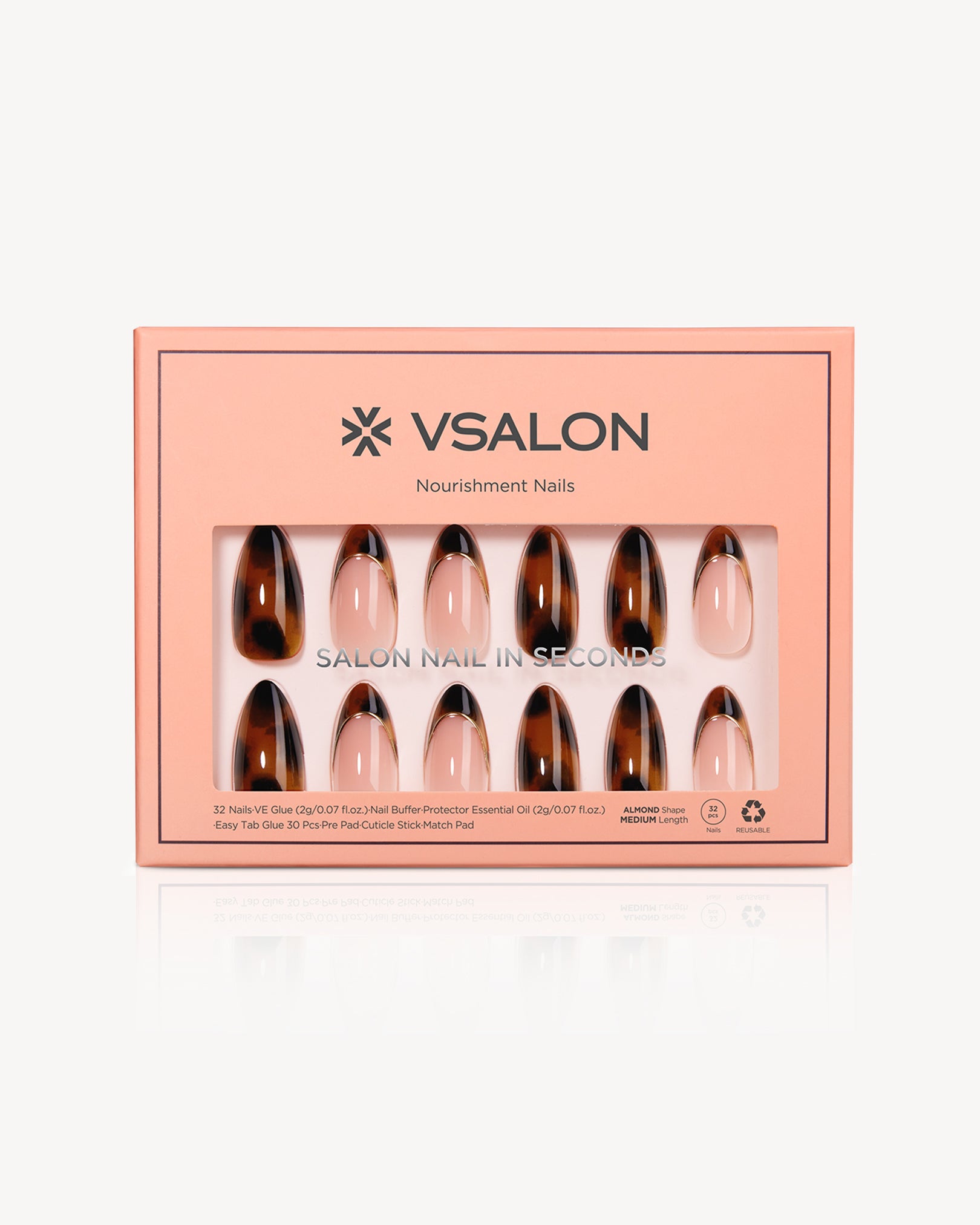 VSALON Leopard Luxe press-on nails featuring a warm brown leopard print design with subtle metallic accents.