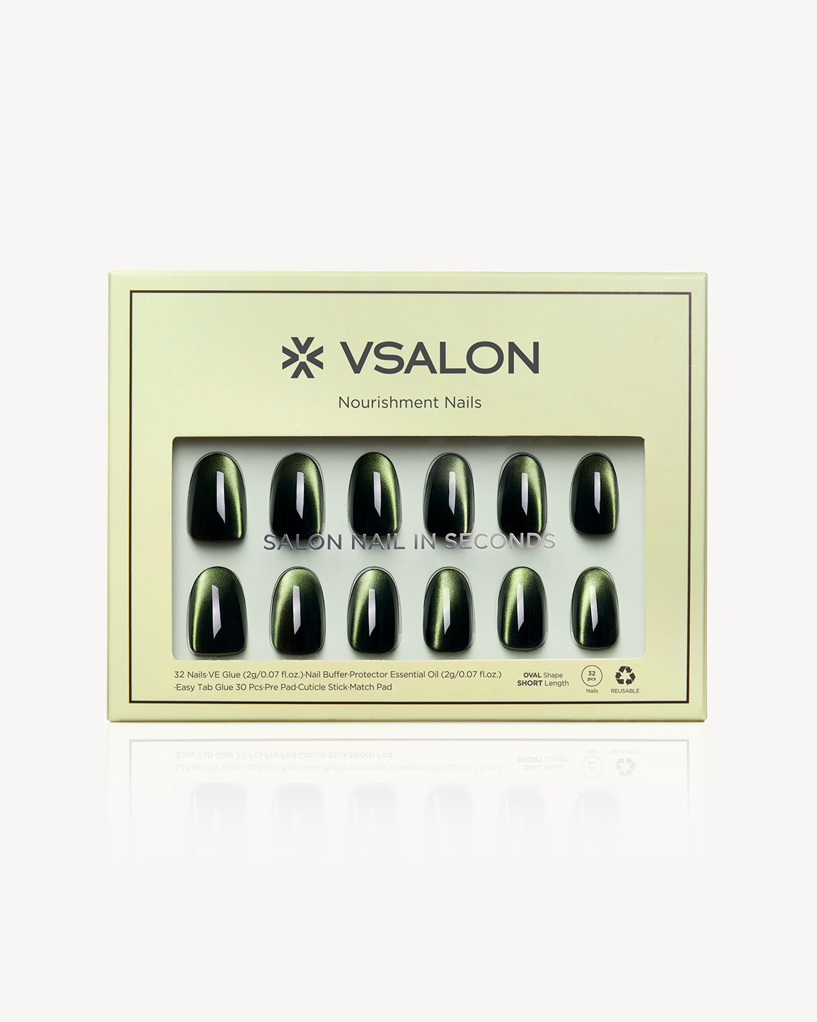 VSALON Velvet Moss press-on nails featuring an emerald green cat-eye design with a shimmering jewel-like finish.