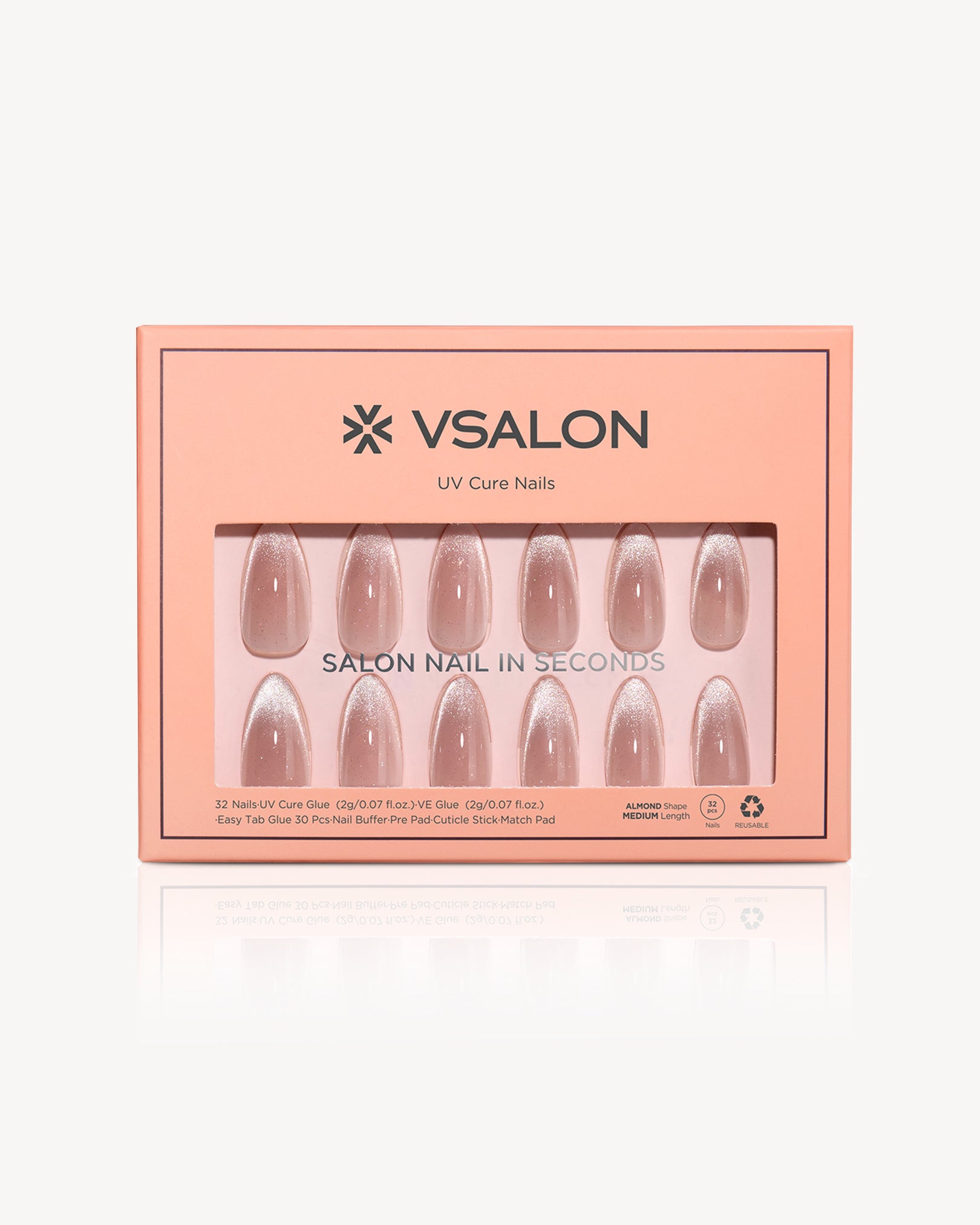 VSALON Sourire elegant press on nails set with medium almond gel nails, salon quality manicure look