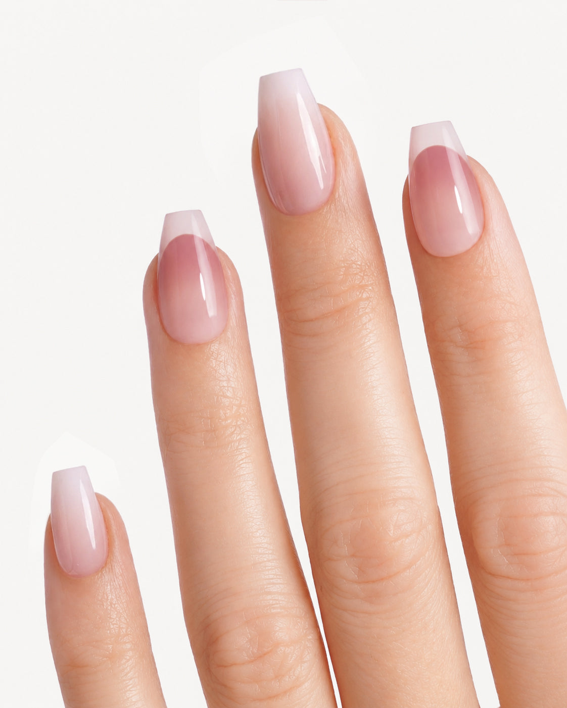 Belle De Jour mixed French tip coffin press-on nails featuring two elegant nude pink designs on natural nails