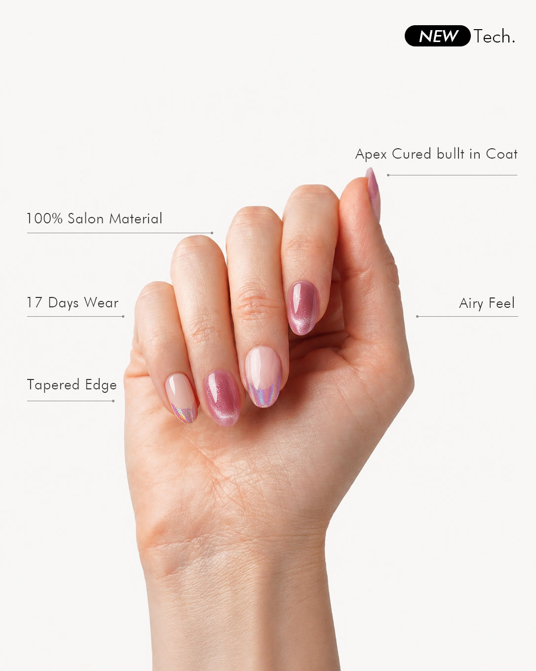 Potion UV cure gel press-on nails showcasing salon soft gel finish, tapered almond shape, glossy berry tones, glitter French tip details, and comfortable natural nail fit