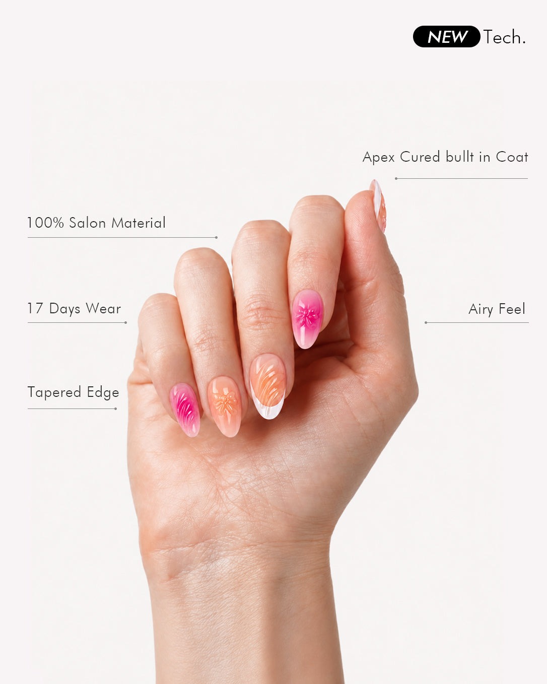 Barlow Girl short almond gel press-on nails showcasing floral nail art, pink gradient design, glossy finish, salon soft gel material, and tapered edges