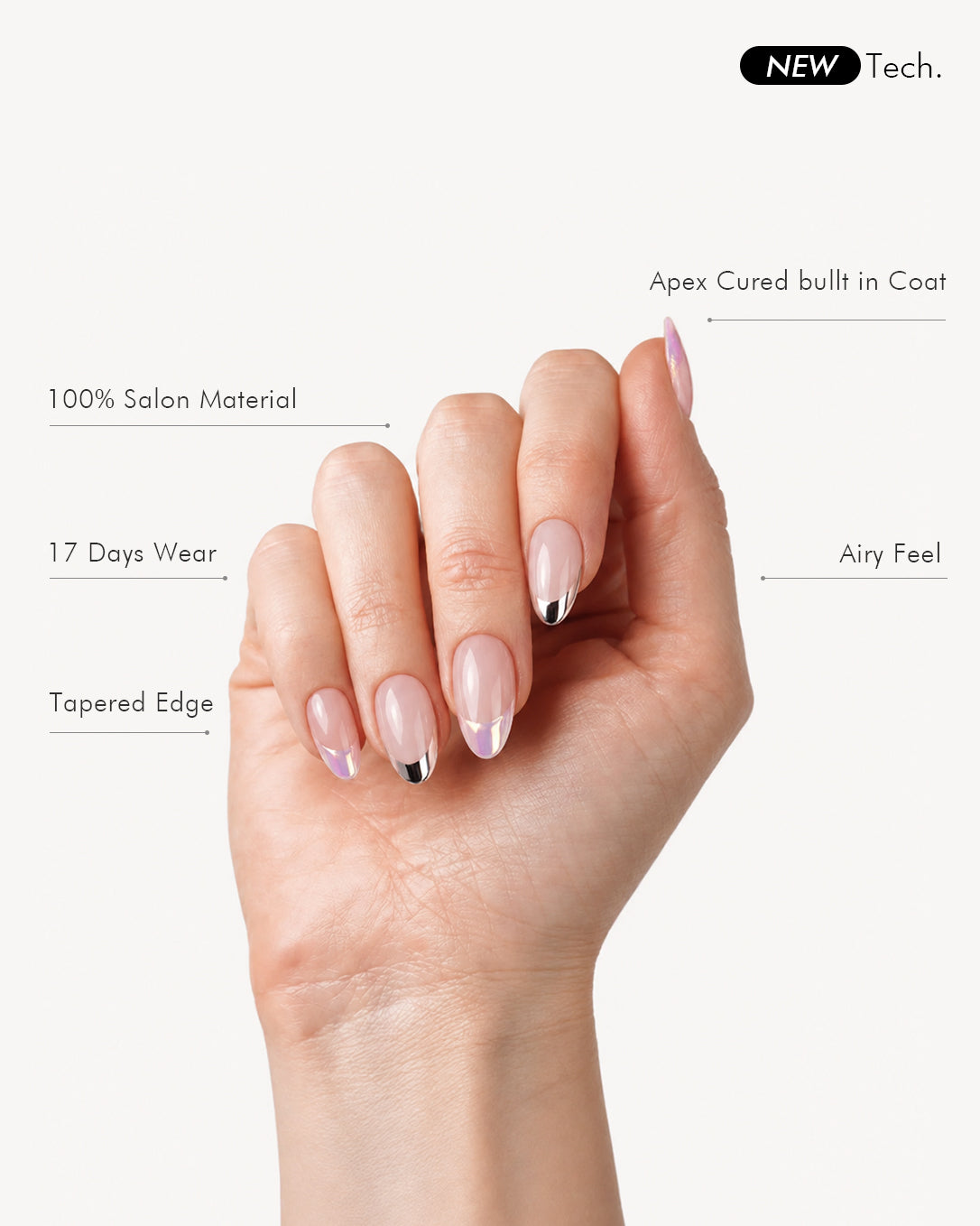 Discours short almond gel press-on nails showcasing nude French tip design, metallic accents, salon soft gel material, and comfortable tapered edges