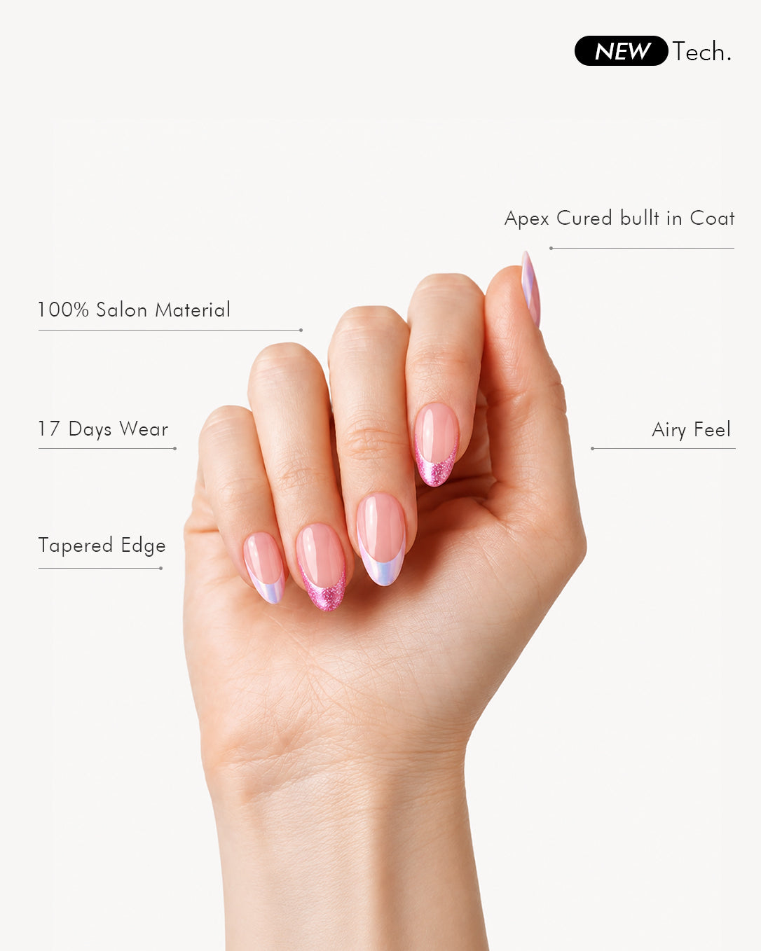 Liberty Tips UV cure gel press-on nails showcasing salon soft gel finish, pink French tip design, iridescent chrome details, tapered edges, and comfortable almond nail shape