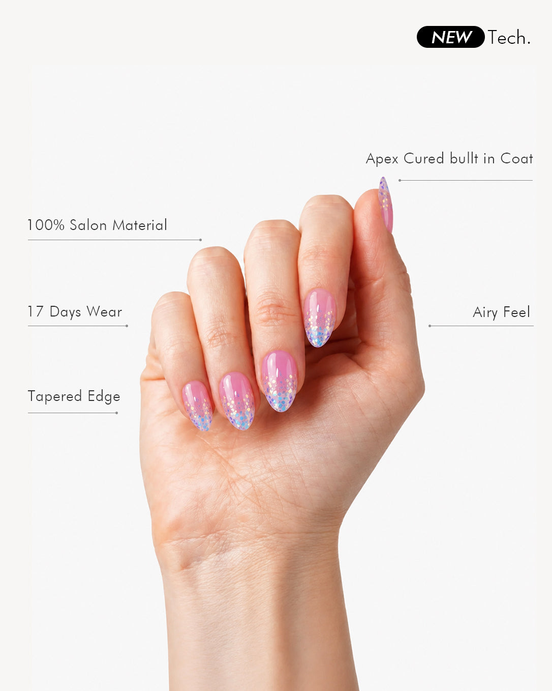 Mermaid's Shell short almond gel press-on nails featuring salon soft gel material, tapered edges and comfortable fit