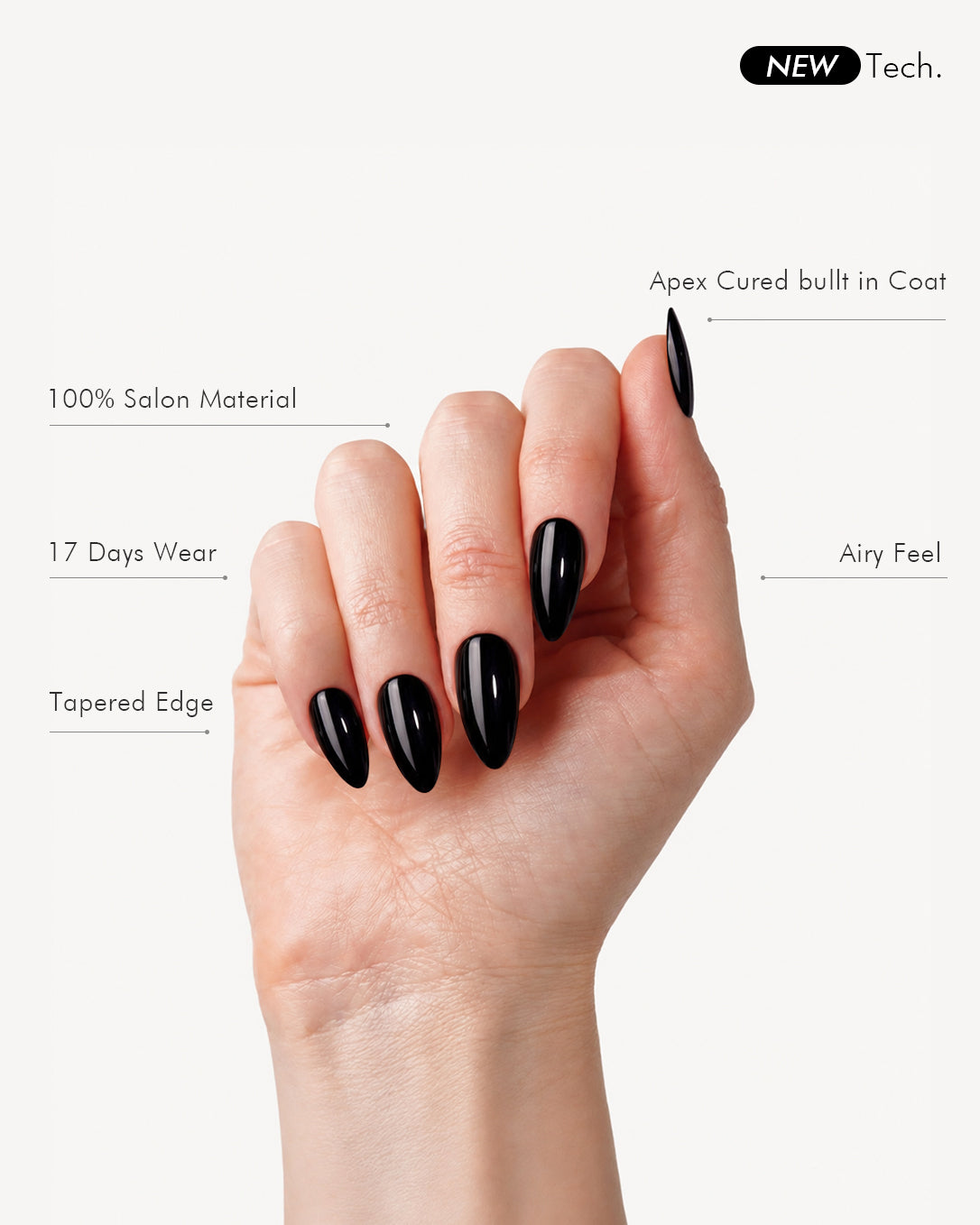 Noctis medium almond gel press-on nails featuring salon soft gel material, tapered edges and comfortable fit