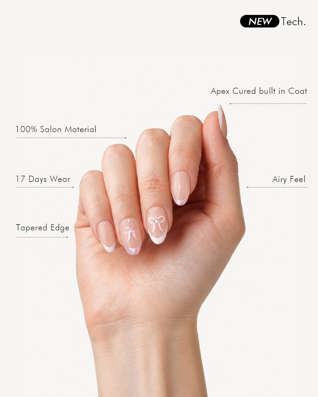 Lover's Note short almond gel press-on nails showcasing French tip design, bow embellishments, pink glitter accents, salon soft gel material, and tapered edges