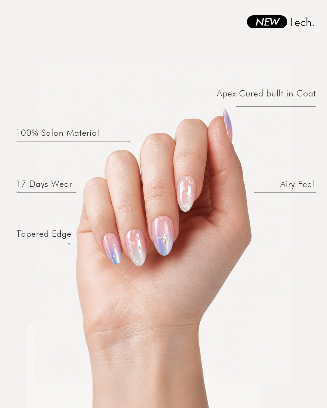 Weekend Warrior short almond gel press-on nails showcasing gradient design, star embellishments, pearl accents, salon soft gel material, and tapered edges
