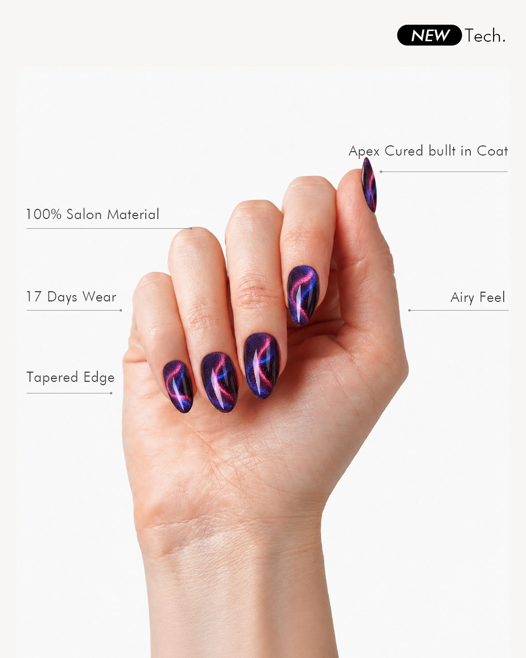 VSALON Cosmos press-on nails showing a seamless fit with a glossy gel finish and unique multi-color cat-eye design.
