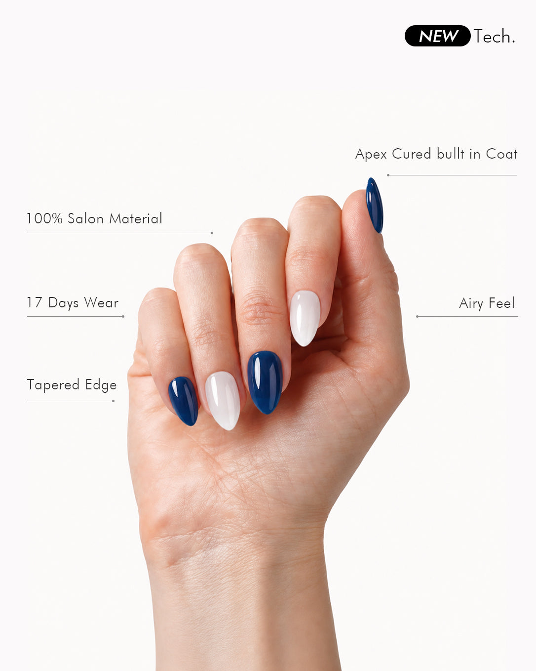 Sky Cloud short almond gel press-on nails featuring dual color design, salon soft gel material, tapered edges, and comfortable natural fit