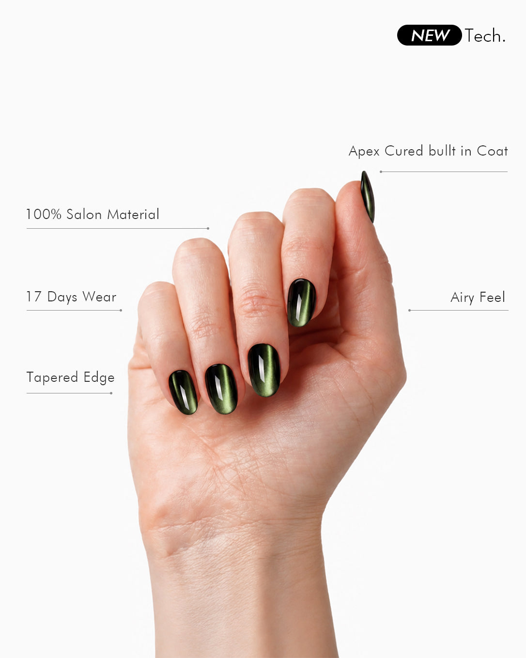 VSALON Velvet Moss cat-eye press-on nails showing a comfortable fit with a smooth gel-like finish and elegant emerald green shine.