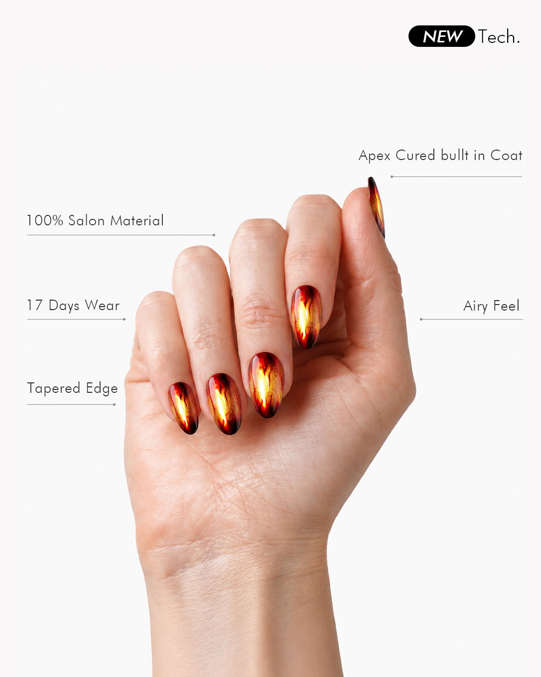 VSALON Amber Whisper press-on nails showing a seamless fit with a glossy gel finish and unique molten flame design.