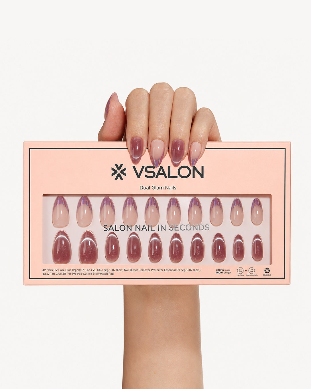 VSALON Potion dual design gel nail set displayed with packaging, showing short almond press-on nails in berry red, nude pink, and sparkling French manicure styles