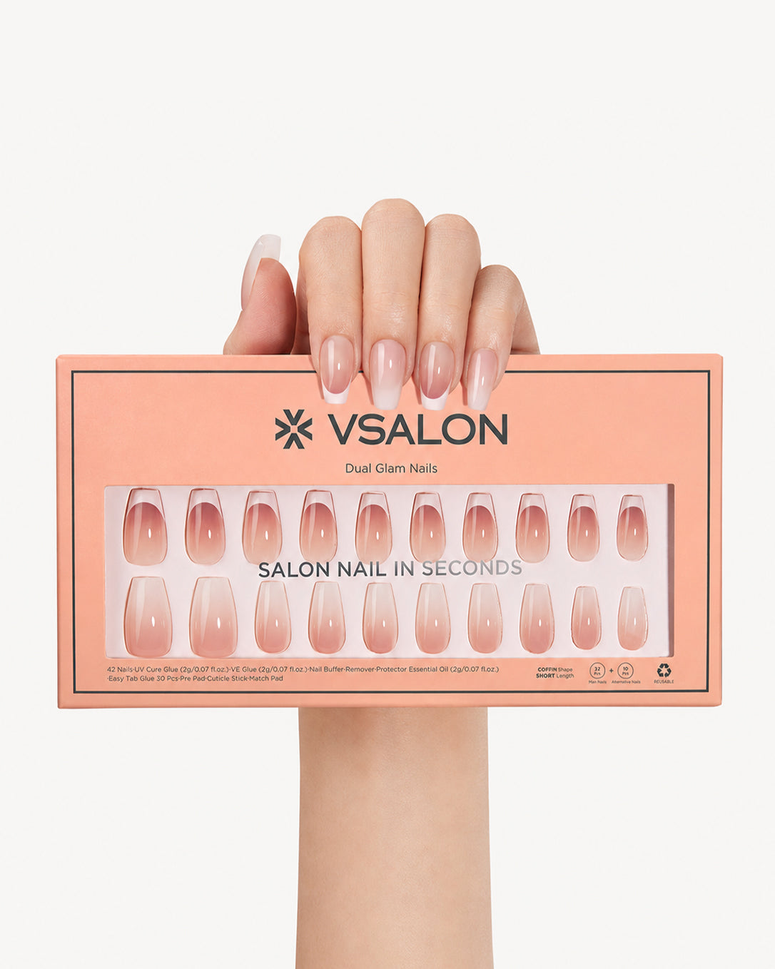 Belle De Jour nude French tip press-on nails displayed with VSALON manicure box and nail set