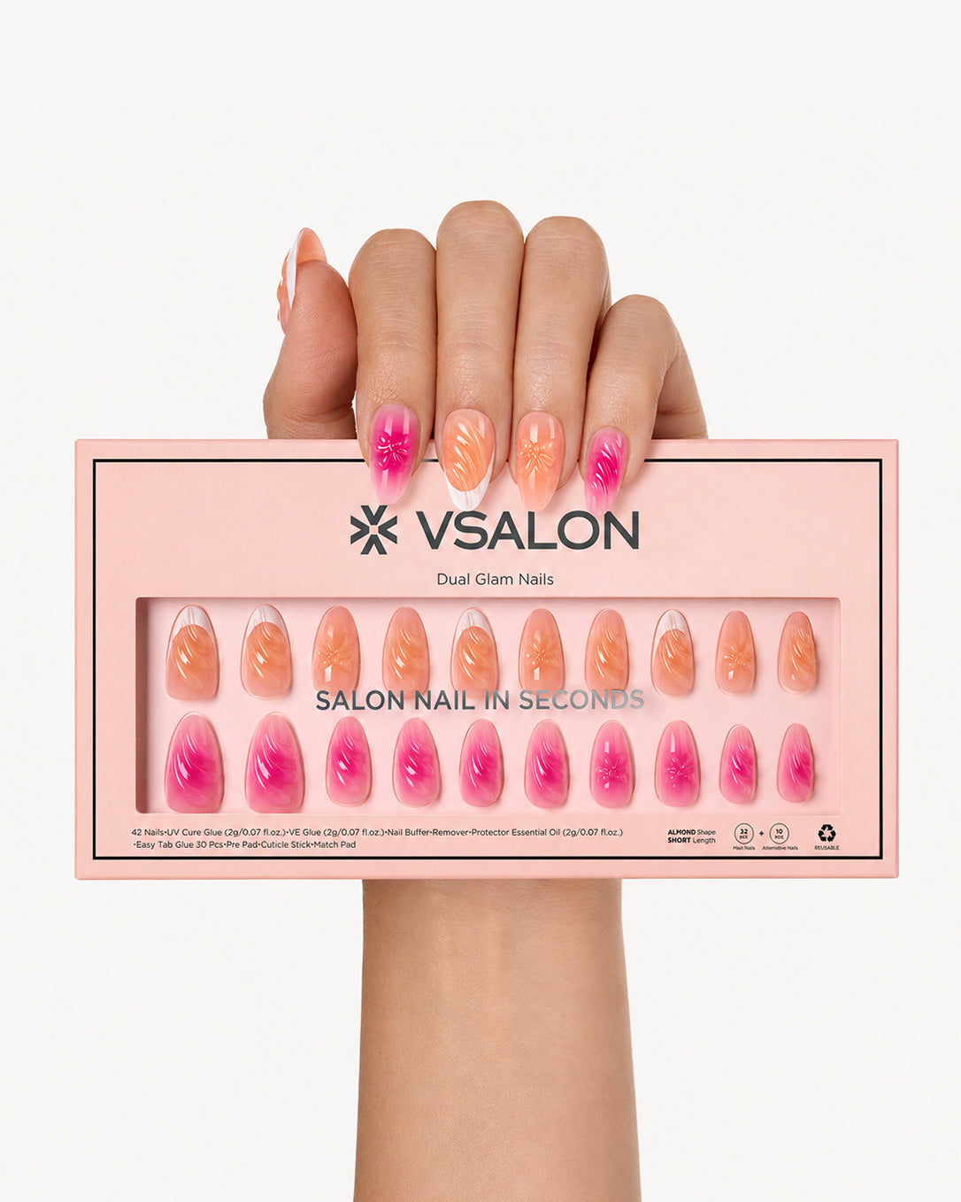 Barlow Girl pink floral press-on nail set displayed with VSALON packaging showing dual design manicure styles with gradient colors