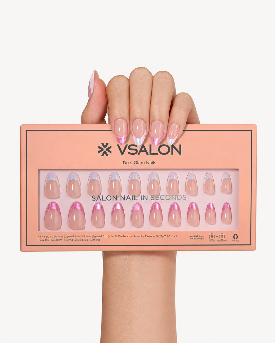VSALON Liberty Tips dual design UV gel nail set displayed with packaging, showing nude pink almond nails with glitter French tips and chrome manicure styles