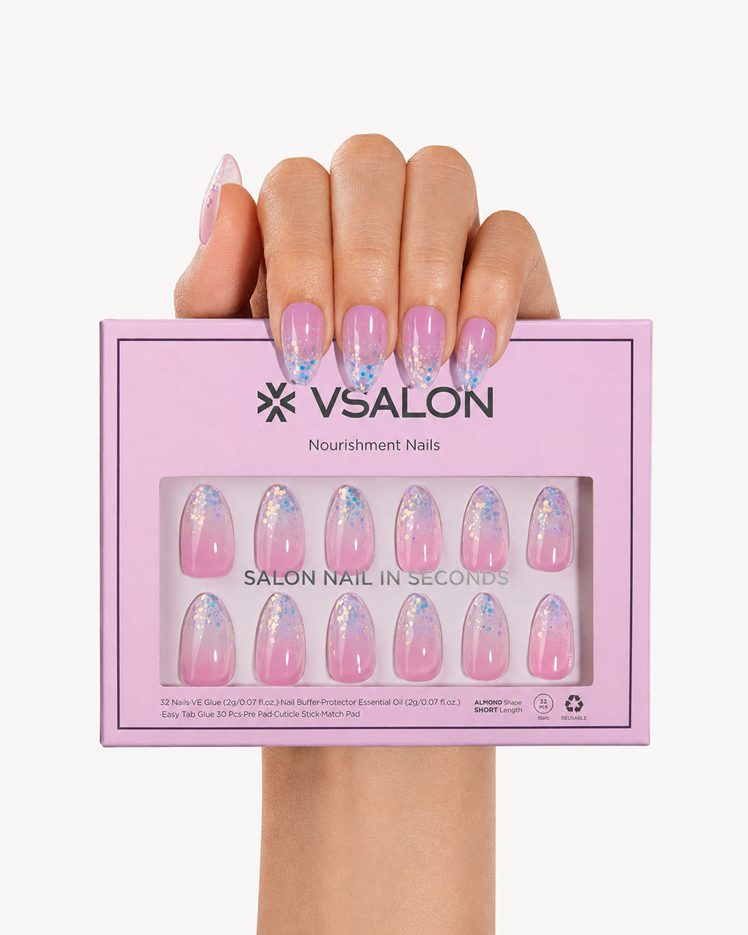 VSALON Mermaid's Shell almond press-on nail set with pink iridescent finish and professional salon manicure style